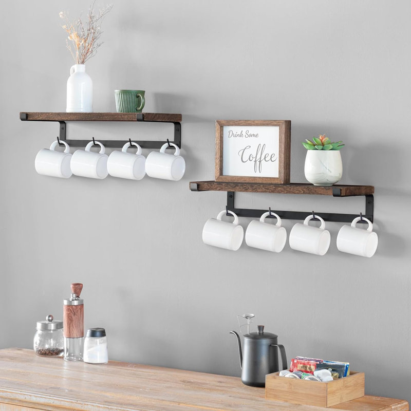 17 Stories Mug Holder Wall Mounted Mug Rack With Hooks Set Of 2 Storage Rustic Floating Shelf Coffee Bar Accessories Wood Coffee Cup Hanger For Organizing Cooking Utensil Home Kitchen Decor Brown Wayf...